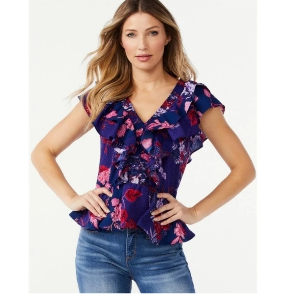 Sofia Jeans by Sofia Vergara Smocked Ruffle Short Sleeve Top Size L - Picture 8 of 16